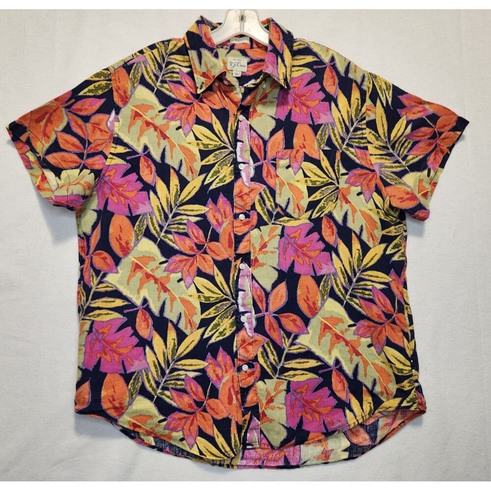 J. Crew Mens Large Linen Tropical Leaf Short Sleeve Button Down Shirt Hawaiian